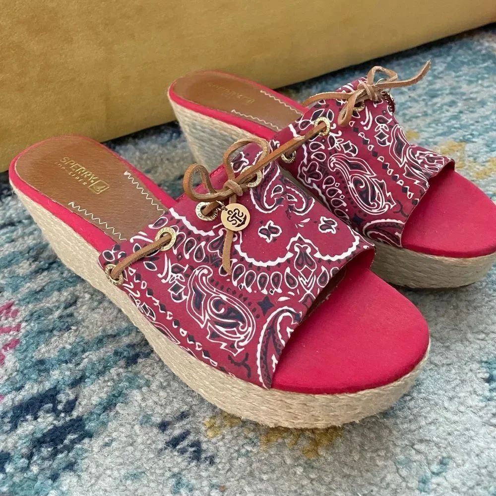 Sperry Bandana Espadrille Platform Mules Red 9